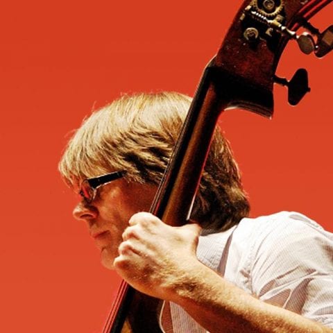 Man playing double bass, red background
