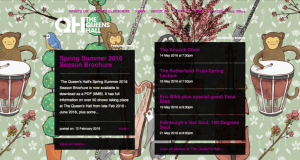 Screenshot of The Queen's Hall website, with floral cartoon background