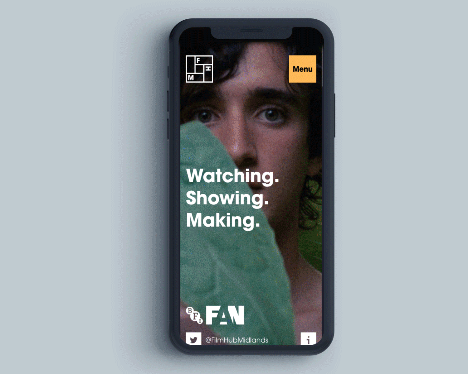 Film Hub Midlands website, displayed on a smartphone