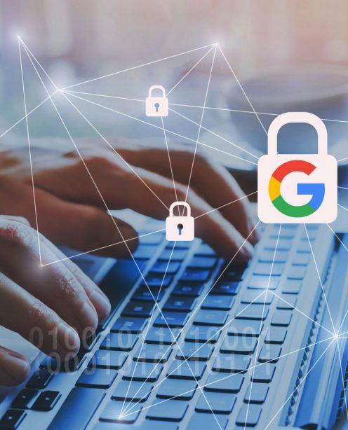 Person typing on laptop keyboard with digital padlocks hovering above. The Google logo is in the centre of a white digital padlock.