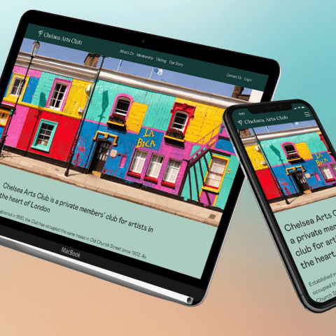 A laptop and mobile phone side by side displaying the Chelsea Arts Club website on screen